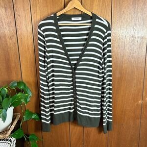 ClothingAve Olive Green White Striped V Neck Button Front Cardigan Sweater